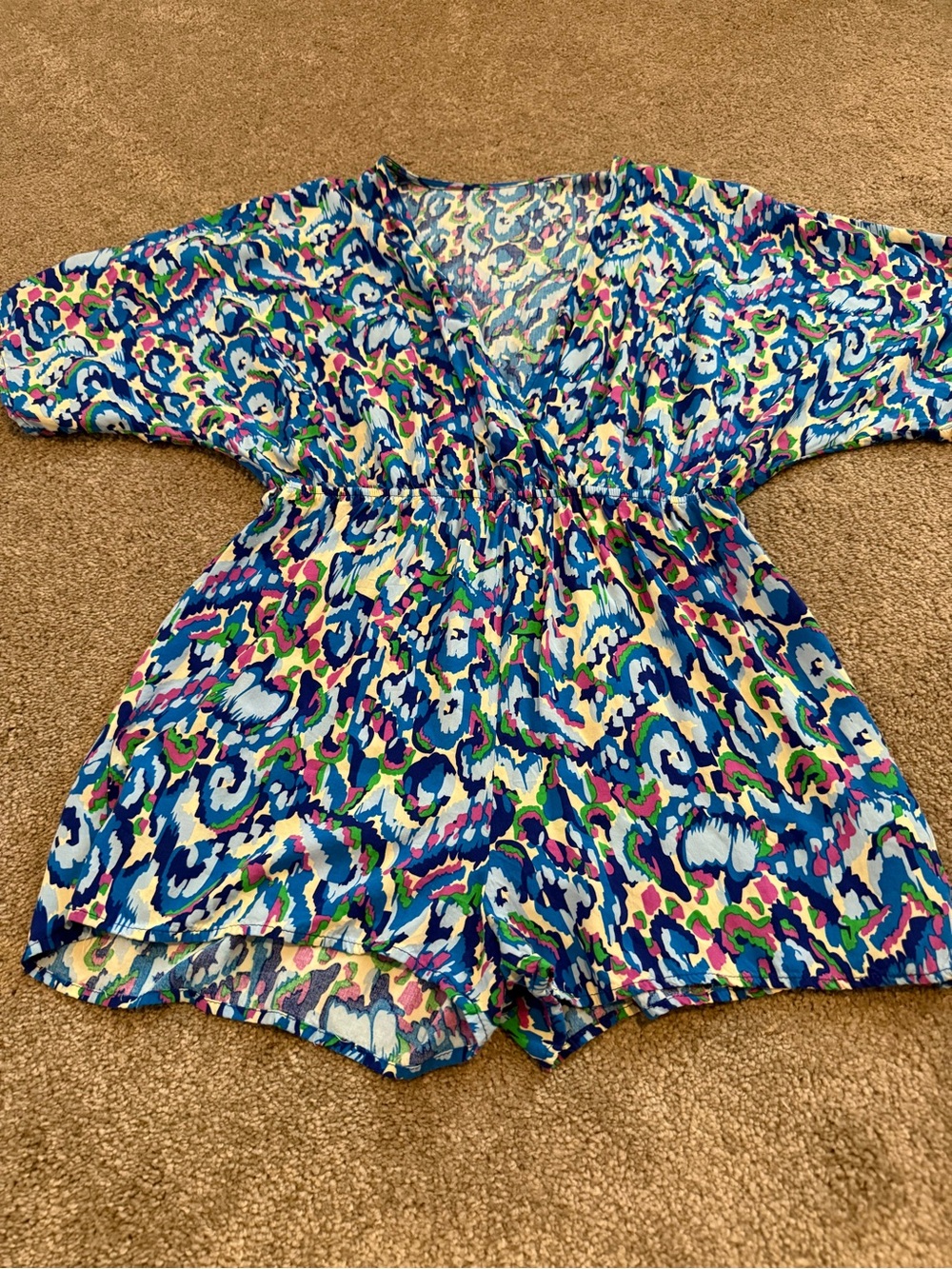 Venus Colorful Abstract Print Belted Romper - V-Neck